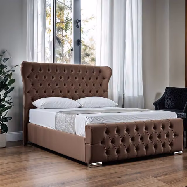 UK Bed Furniture Isabella Upholstered Slatted Base Bed with 48 Inch Wingback Headboard in Brown, W/D/H: 120 x 200 cm