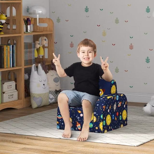 AIYAPLAY Foldable Kids Armchair in Blue Fabric with Armrests