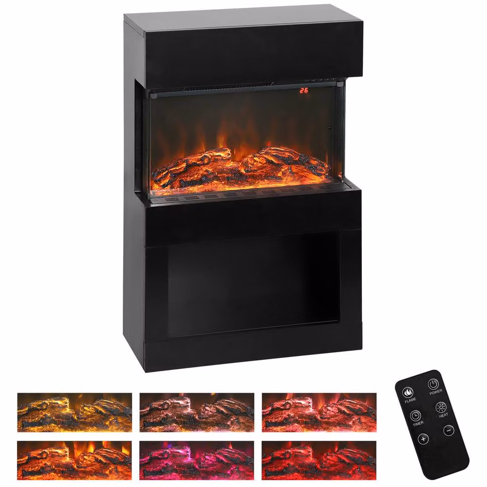 HOMCOM Electric Fire and Mantel with Remote and Timer, Black Glass, 2000W – 2