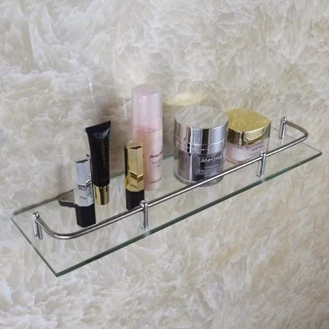 Livingandhome Wall Mounted Transparent Glass and Metal Bathroom Shelf Organizer, Width: 40 cm