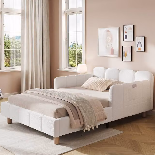 Matteo Beige Bouclé Upholstered Children's Single Bed with Safety Rail and Side Compartments, W/D/H: 90 x 190 x 64 cm