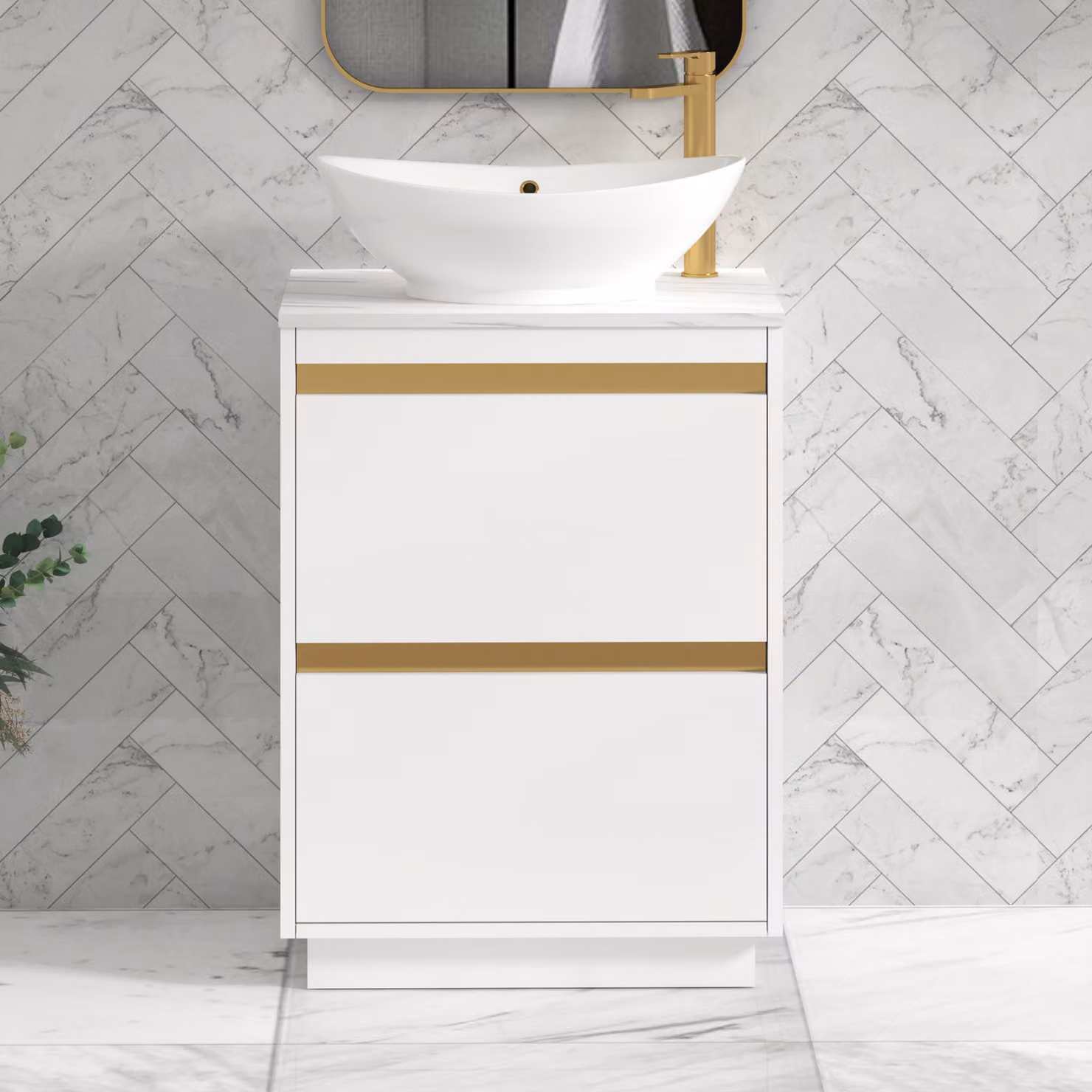 Royal Bathrooms Orion 600mm Matt White Floor Standing 2 Drawer Vanity Unit with Amaze Basin and Brushed Brass Accent Trim