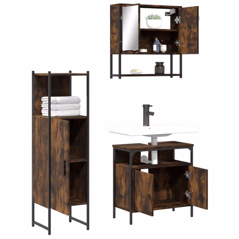 Berkfield Home 3 Piece Industrial Bathroom Furniture Set in Smoked Oak Brown – 3