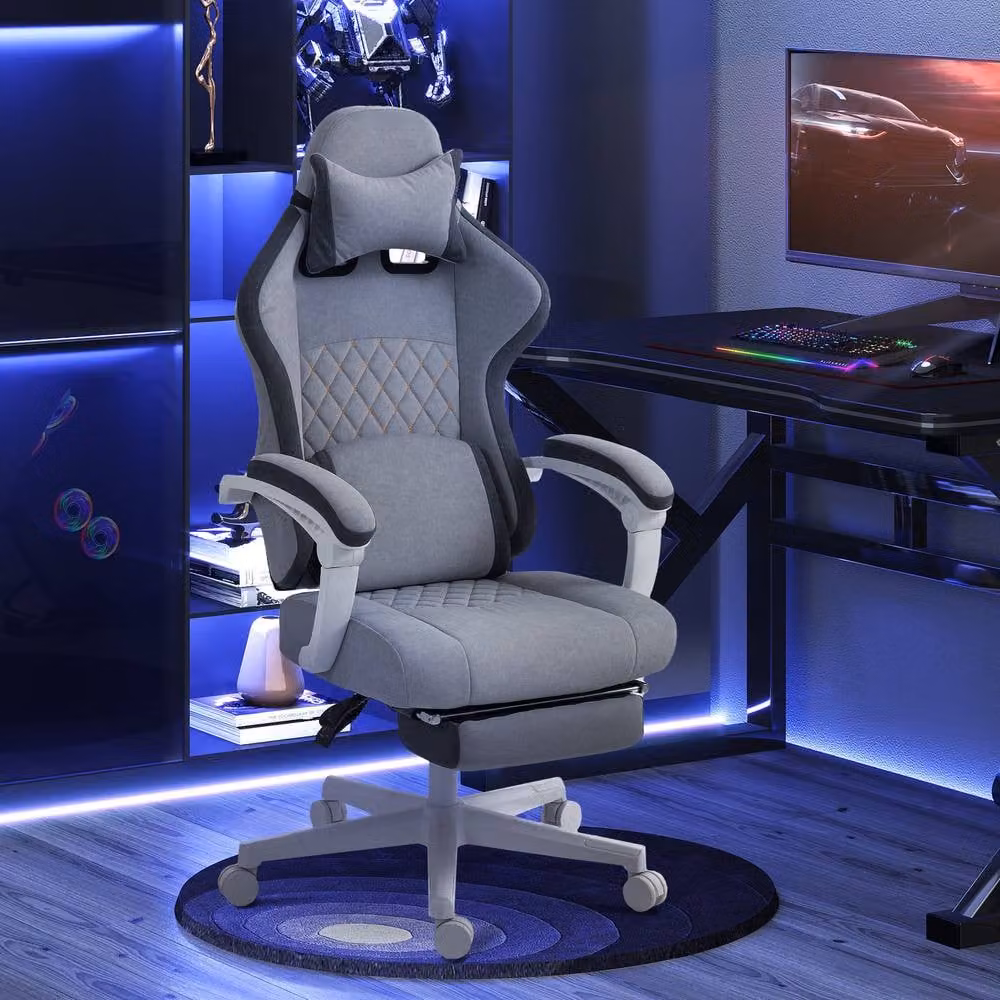 HOMCOM Geometric Printed Velvet Computer Recliner Chair with Adjustable Height and Armrests, Grey and Gold – 2