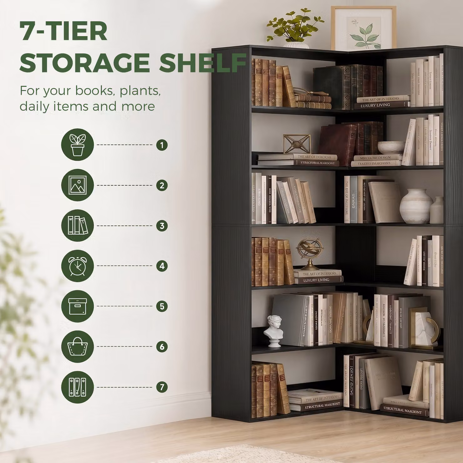 HOMCOM 7-Tier L-Shaped Corner Bookshelf in Black Wood Effect – 4