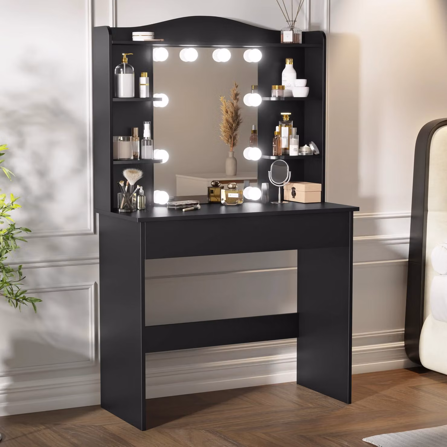DHS Black Modern Dressing Table with Hollywood LED Mirror, W/D/H: 146 x 90 x 40 cm
