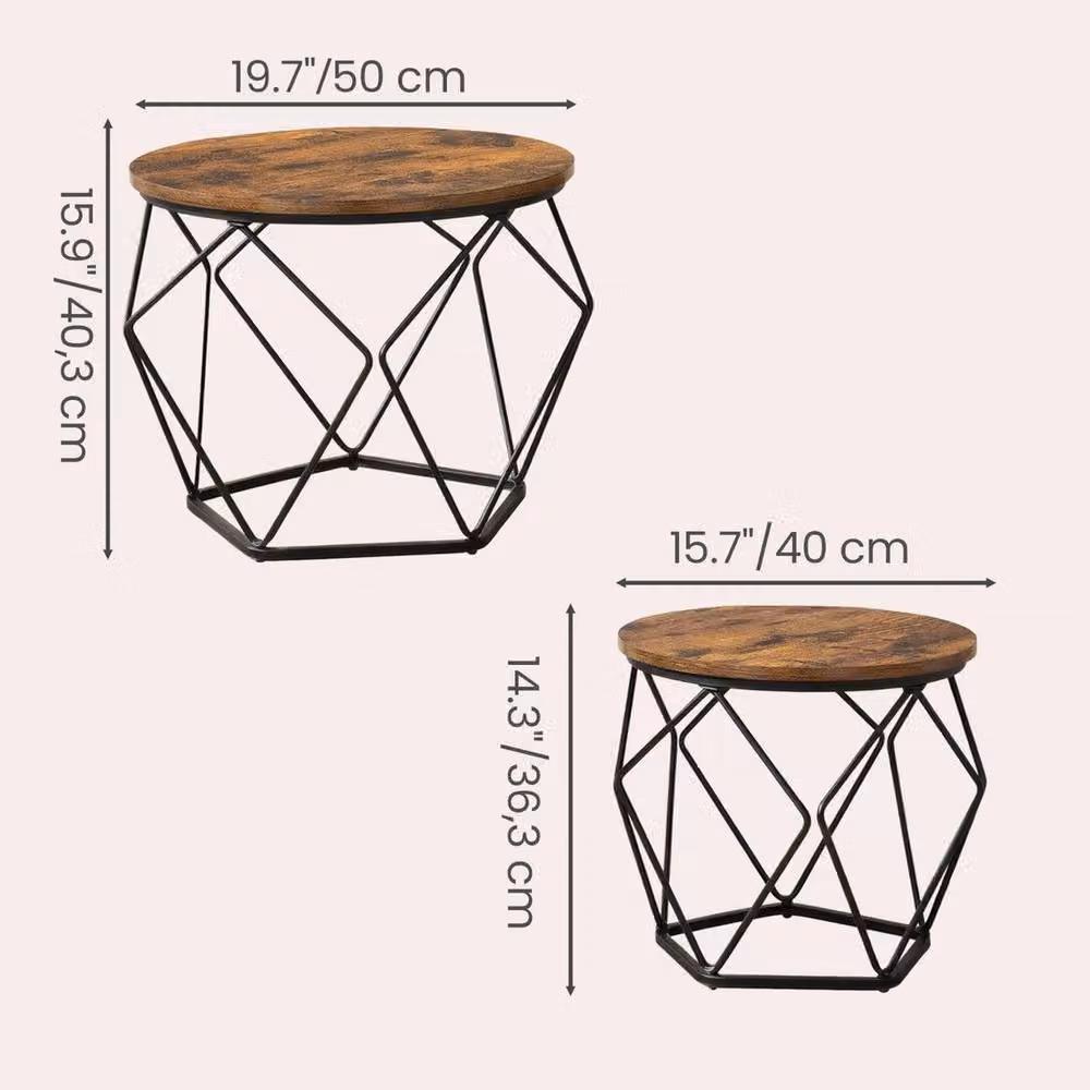 Kelvenix Set of 2 Round Industrial Coffee Tables in Brown and Black – 2