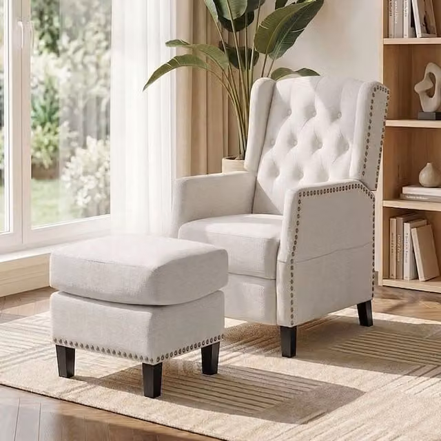 Livingandhome White Fabric Upholstered Relax Recliner Chair with Integrated Ottoman