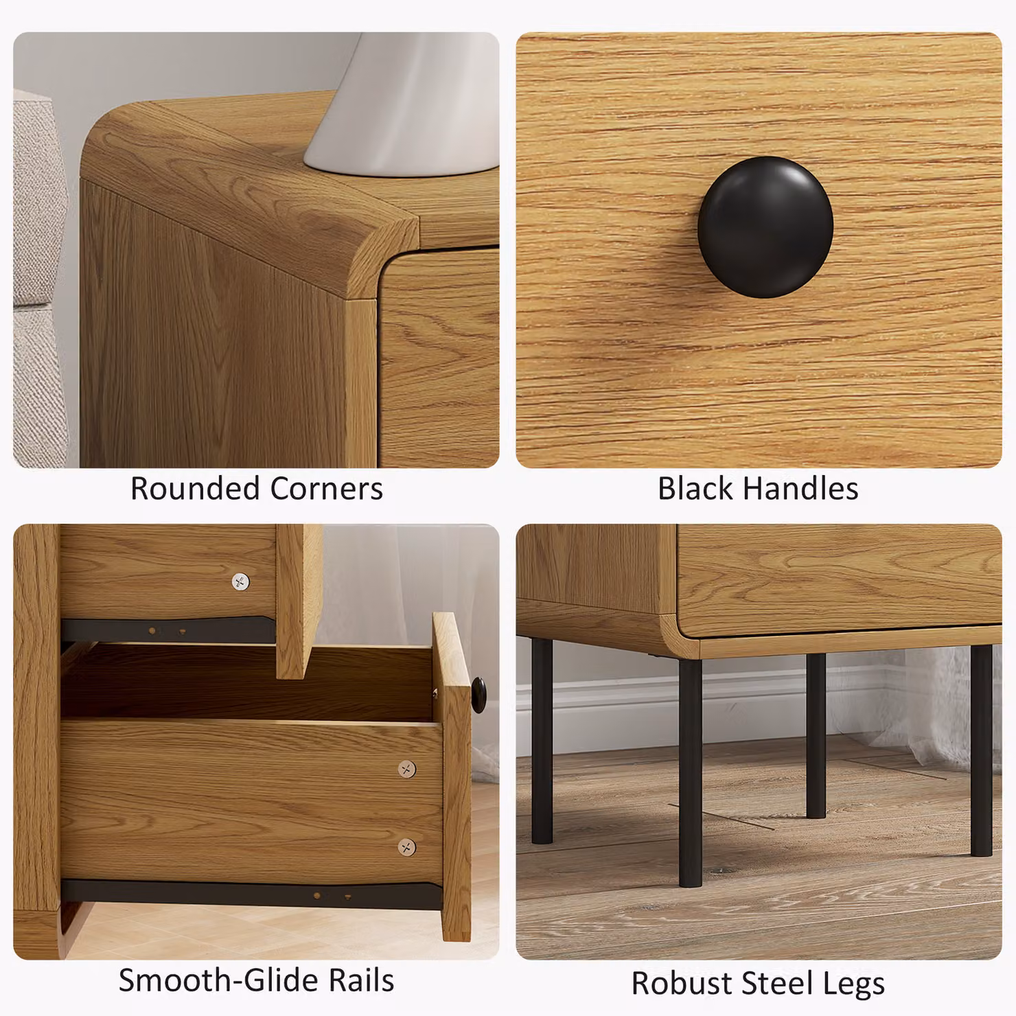 HOMCOM Modern Oak Bedside Table with 2 Drawers and Steel Legs – 3
