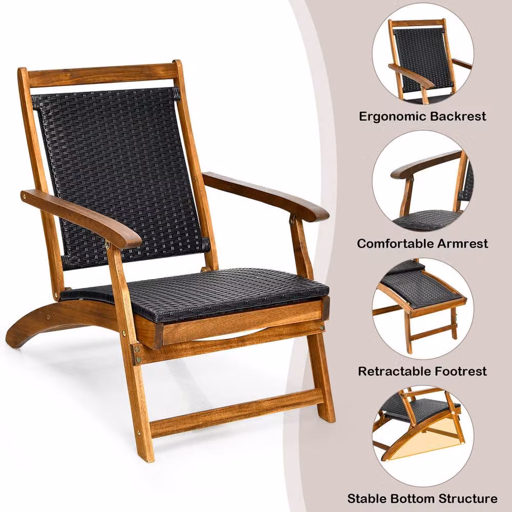 Costway Folding Acacia Wood Lounge Chair with Retractable Footrest in Dark Brown – 4
