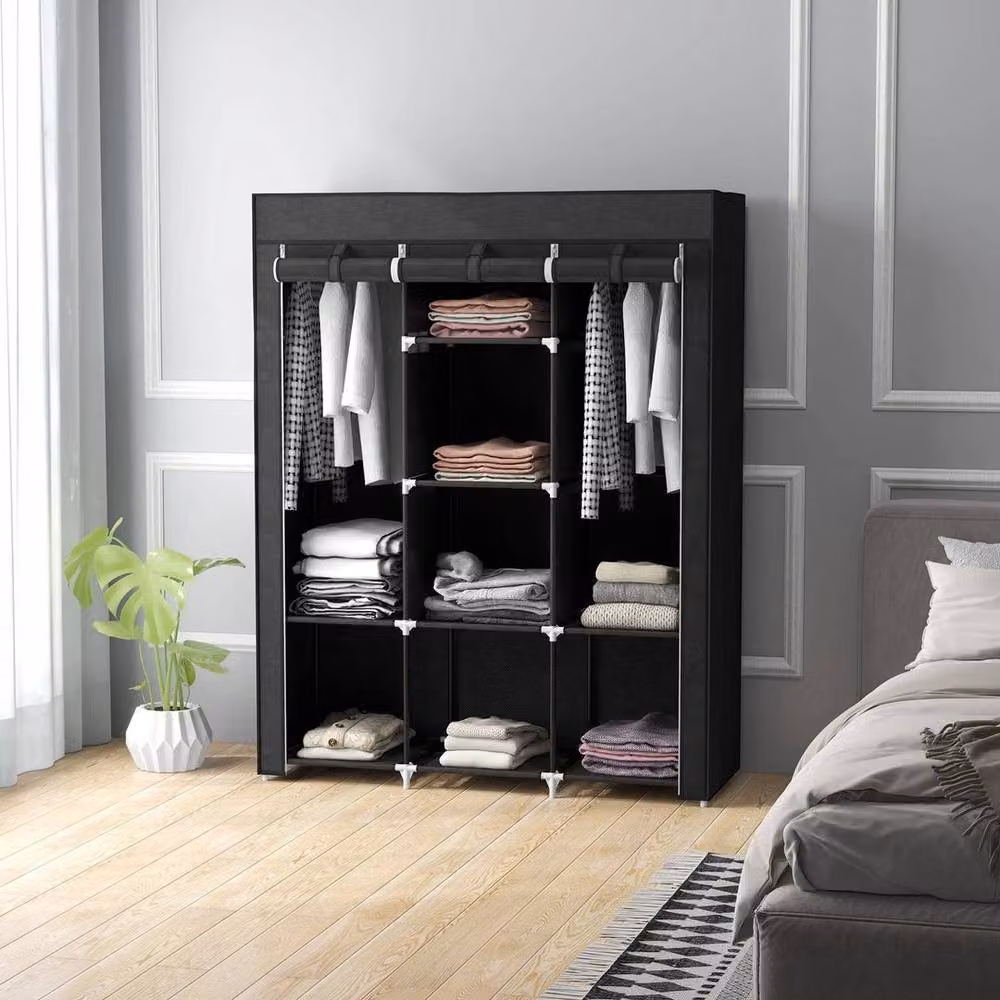 NESTLUNE Black Fabric Portable Wardrobe with Internal Shelves and Hanging Rod, W/D/H: 160 x 45 x 160 cm – 5
