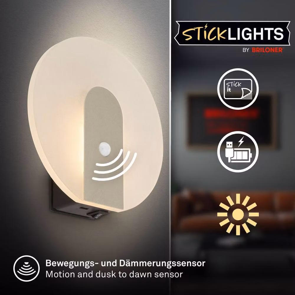 Briloner Cordless Rechargeable LED Wall Light with Motion and Dusk Sensor in Metallic Silver Nickel Matt – 2