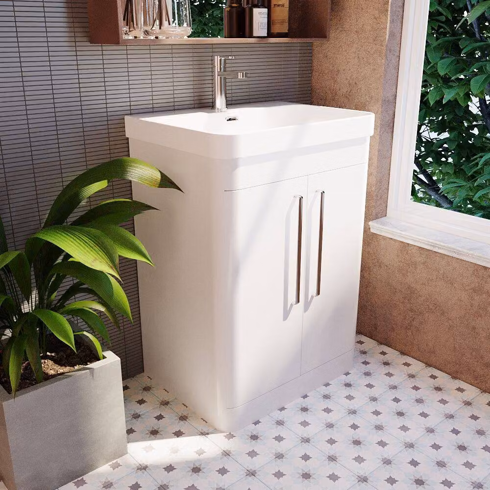 Balterley Wave 600mm Gloss White 2 Door Floor Standing Bathroom Vanity Unit with Basin and Soft Close Hinged Doors – 4