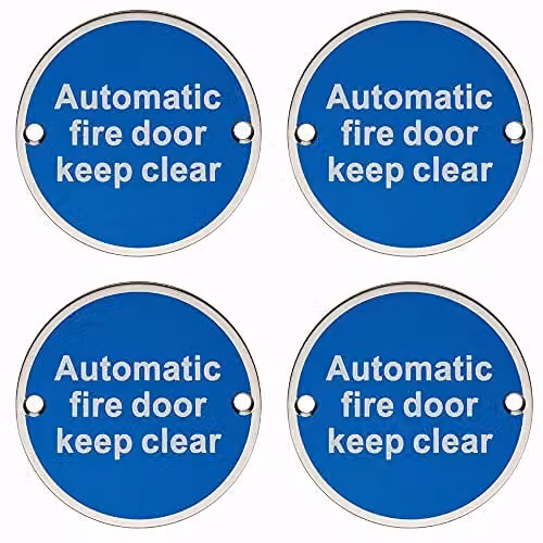 Loops 4 Pack Automatic Fire Door Keep Clear Plaques in Brushed Satin Stainless Steel, 7.6 cm Diameter
