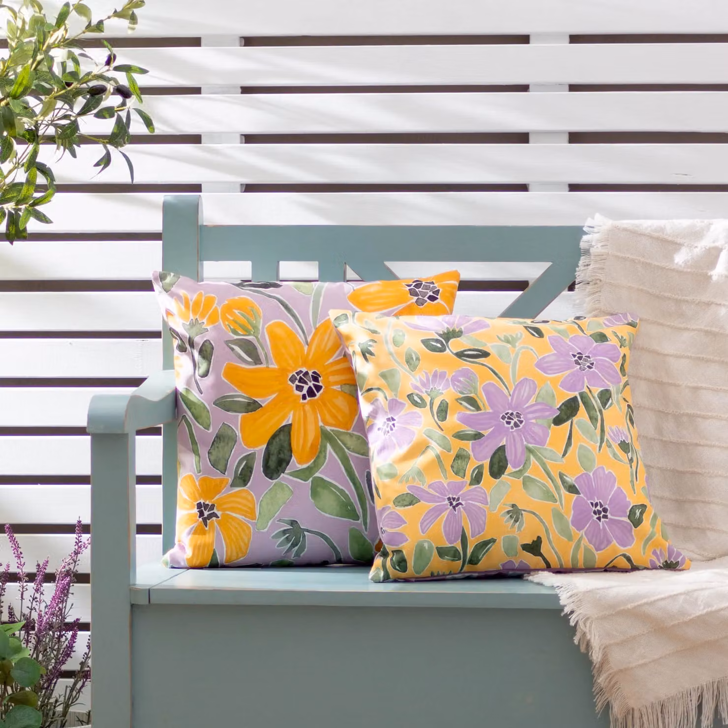 Wylder Flowers Reversible Striped Pastel Floral Outdoor Cushion in Purple and Orange, W/D/H: 43 x 43 x 43 cm – 1