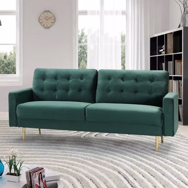 Artemis Home Emerson 3 Seat Sofa in Green Velvet Fabric with Gold Accents and Solid Wood Frame
