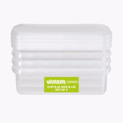 Wham 4 Pack Rectangular Stackable Plastic Storage Boxes with Lids, 8.5L, Transparent