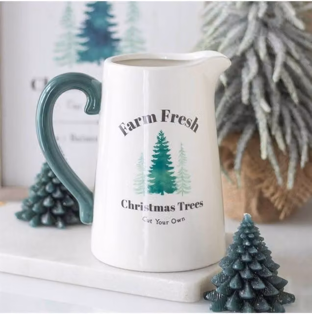 KDMD Ceramic Christmas Trees Flower Jug in White Rustic Holiday Tabletop Decor
