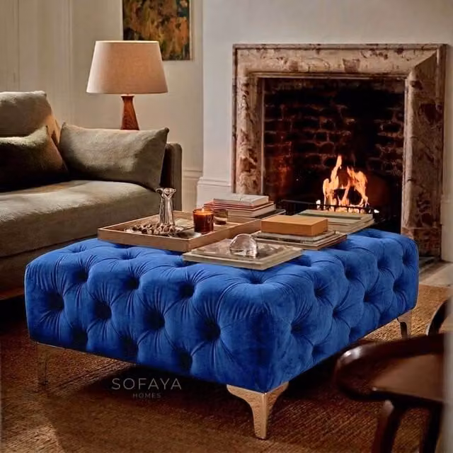 Sofaya Monaco Chesterfield Velvet Foot Stool and Coffee Table in Blue, W: 100 cm, D: 80 cm