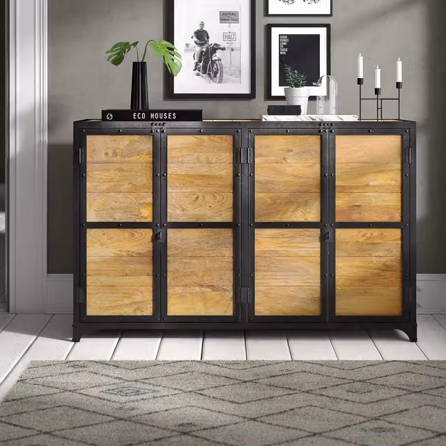 IH Design Industrial Brown Wood and Metal Sideboard Cabinet