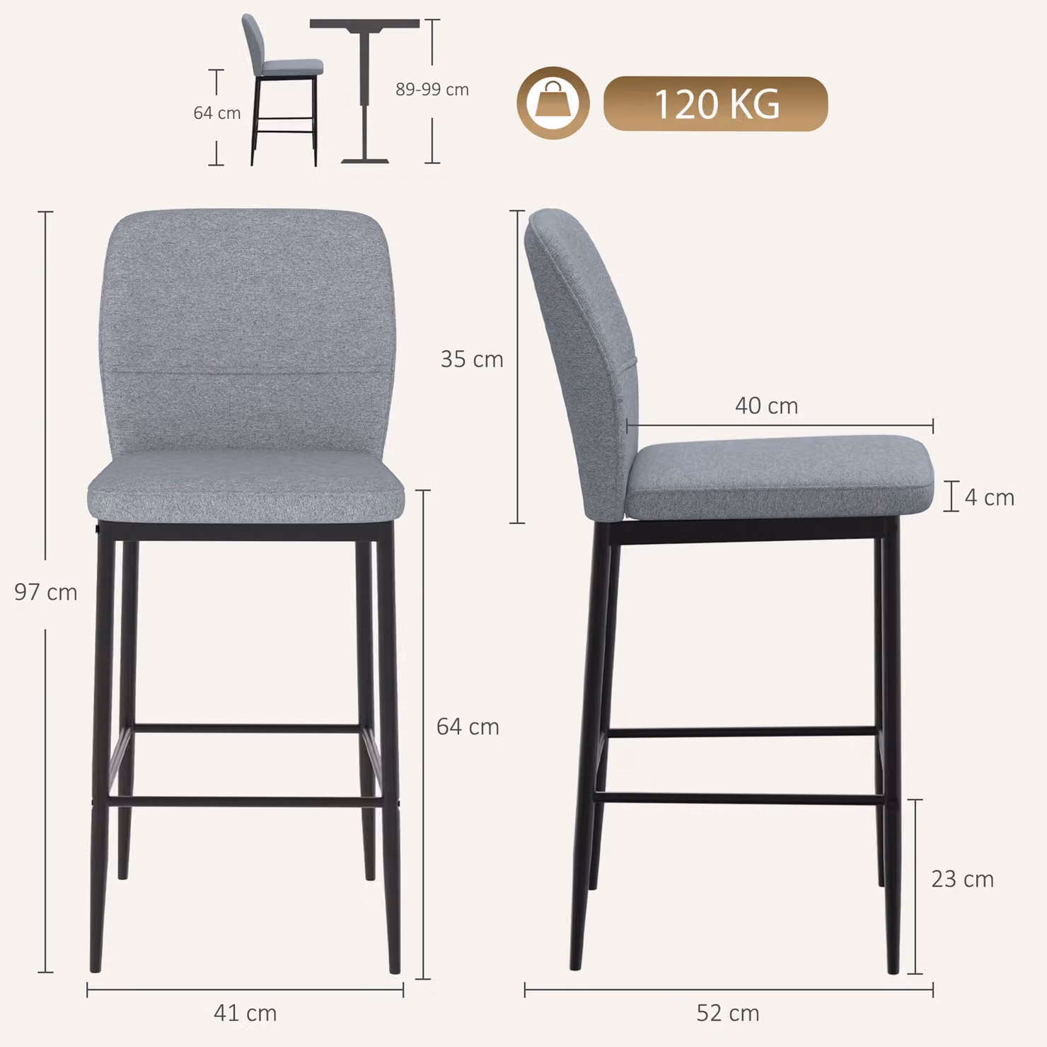 HOMCOM Set of 2 Modern Grey Velvet Bar Stools with Footrest and Backrest – 3