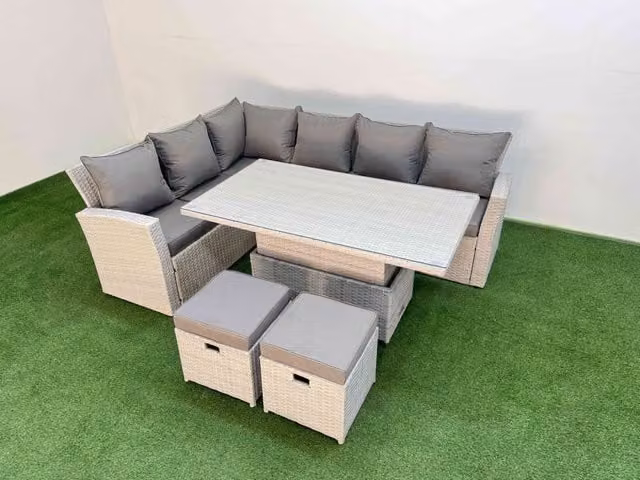 Fimous 8 Seat Garden Furniture Set with Corner Sofa, Armchair and 2 Small Footstools in Light Grey