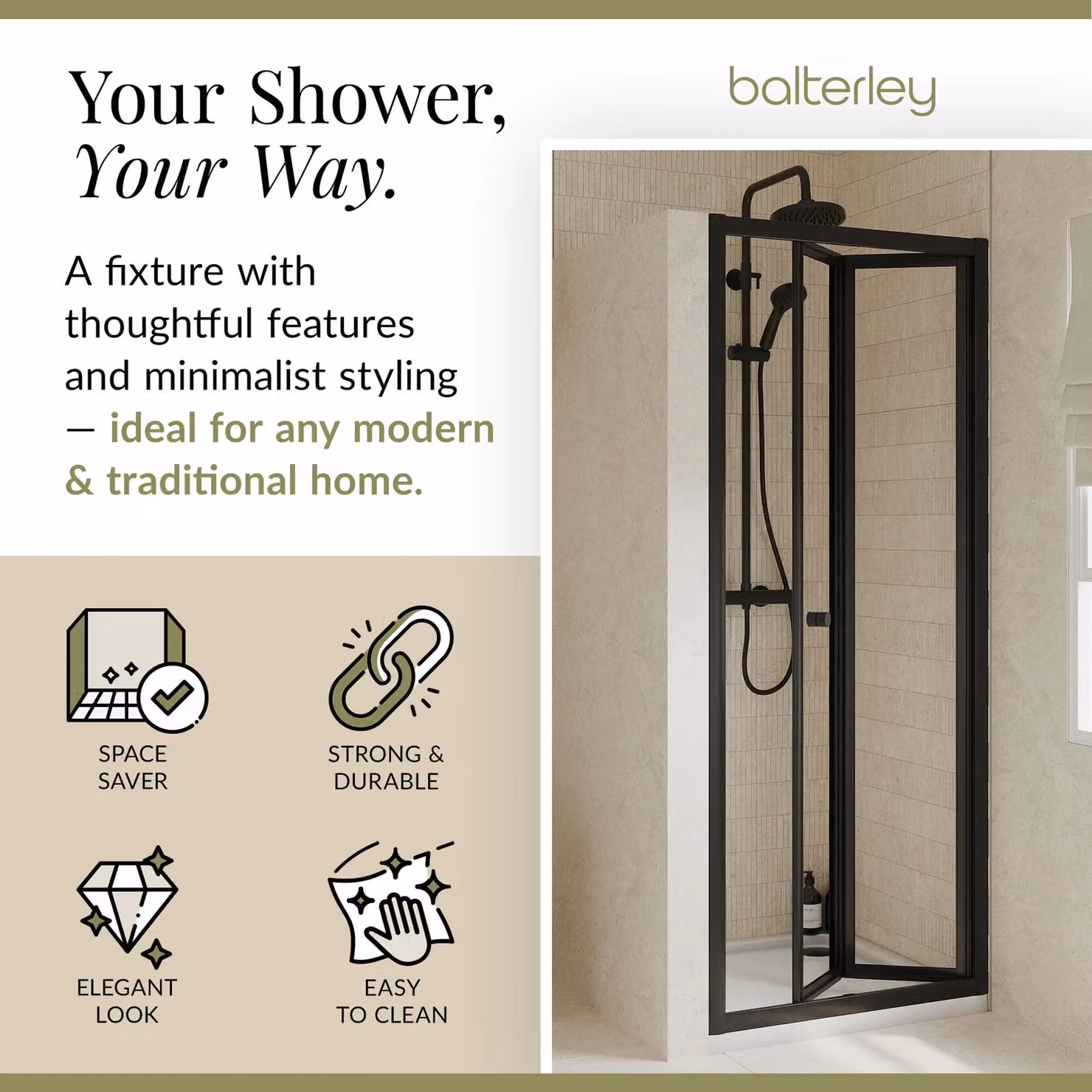 Balterley 4mm Toughened Safety Glass Bi-Fold Shower Door, Black, W: 76 cm, H: 190 cm – 2