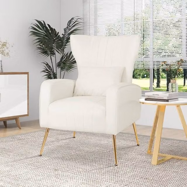 Costway White Velvet Upholstered Wingback Accent Armchair with Pillow and Gold Metal Frame