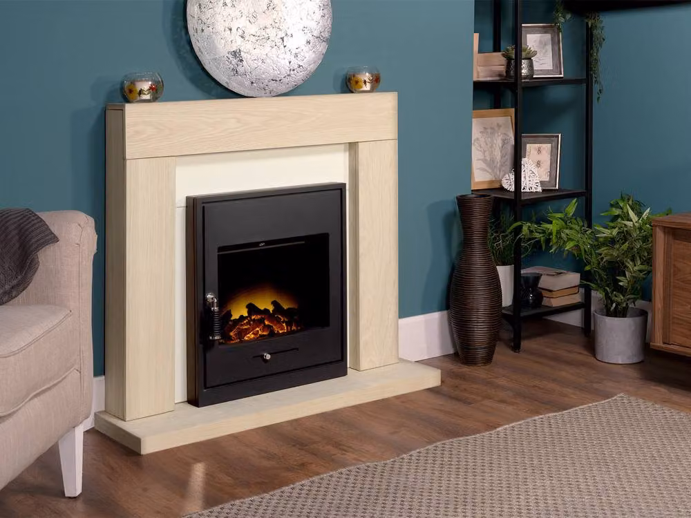 Adam Fires & Fireplaces Malmo Fireplace in Oak and Cream with Oslo Electric Inset Stove in Black – 3