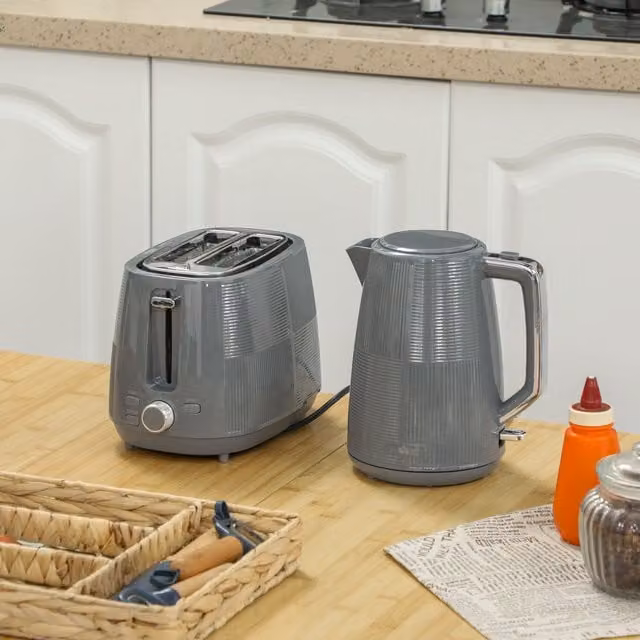 HOMCOM Grey Electric Kettle 1.7 l and 2 Slice Water Toaster Set – 1
