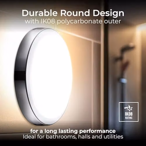 Luceco Eco Round LED Bulkhead Light, White and Polished Chrome, 17W, 1650lm, 4000K, IP54 – 3