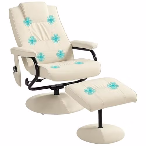 HOMCOM Swivel Recliner Chair with Footstool in Cream White PU Leather