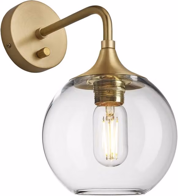 Industville Chelsea Glass Globe Wall Light in Transparent with Brass Finish, Diameter: 17.78 cm