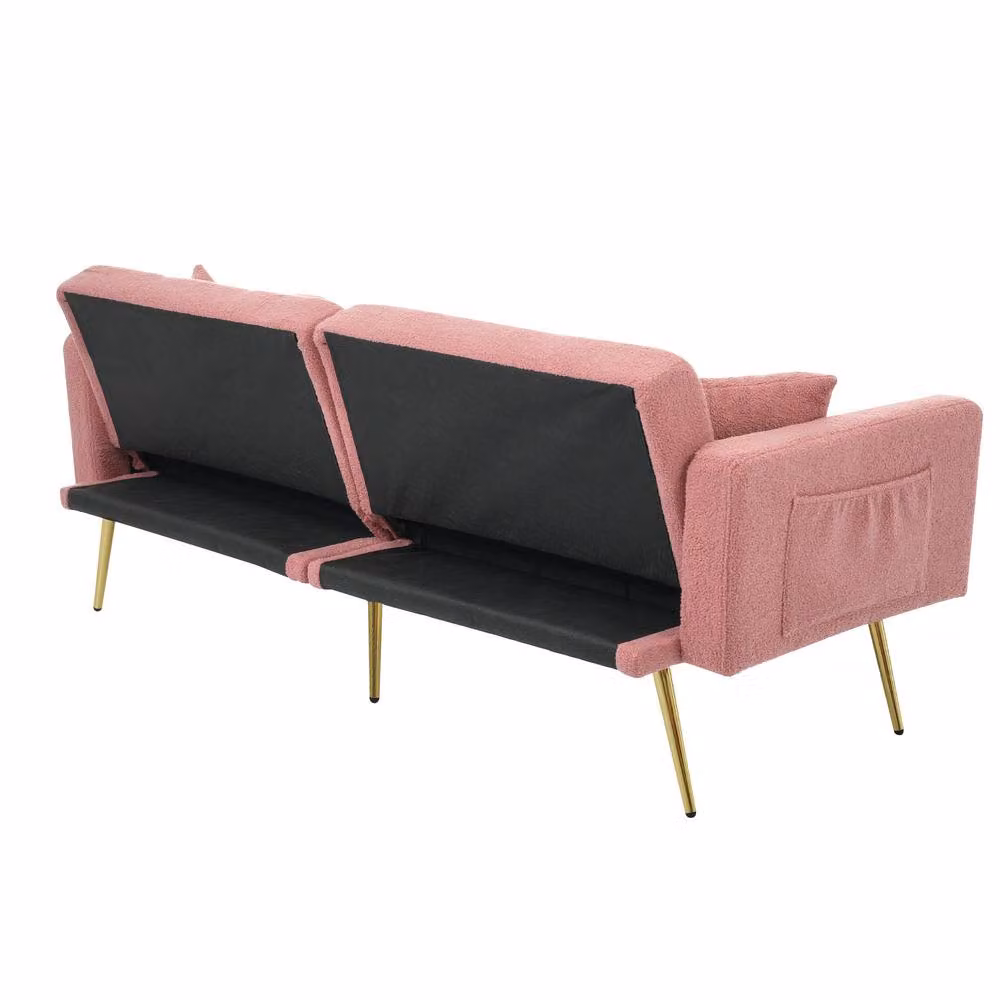 BTM Pink Bouclé Fabric Click Clack Sofa Bed with Gold Legs and Scatter Cushions – 3