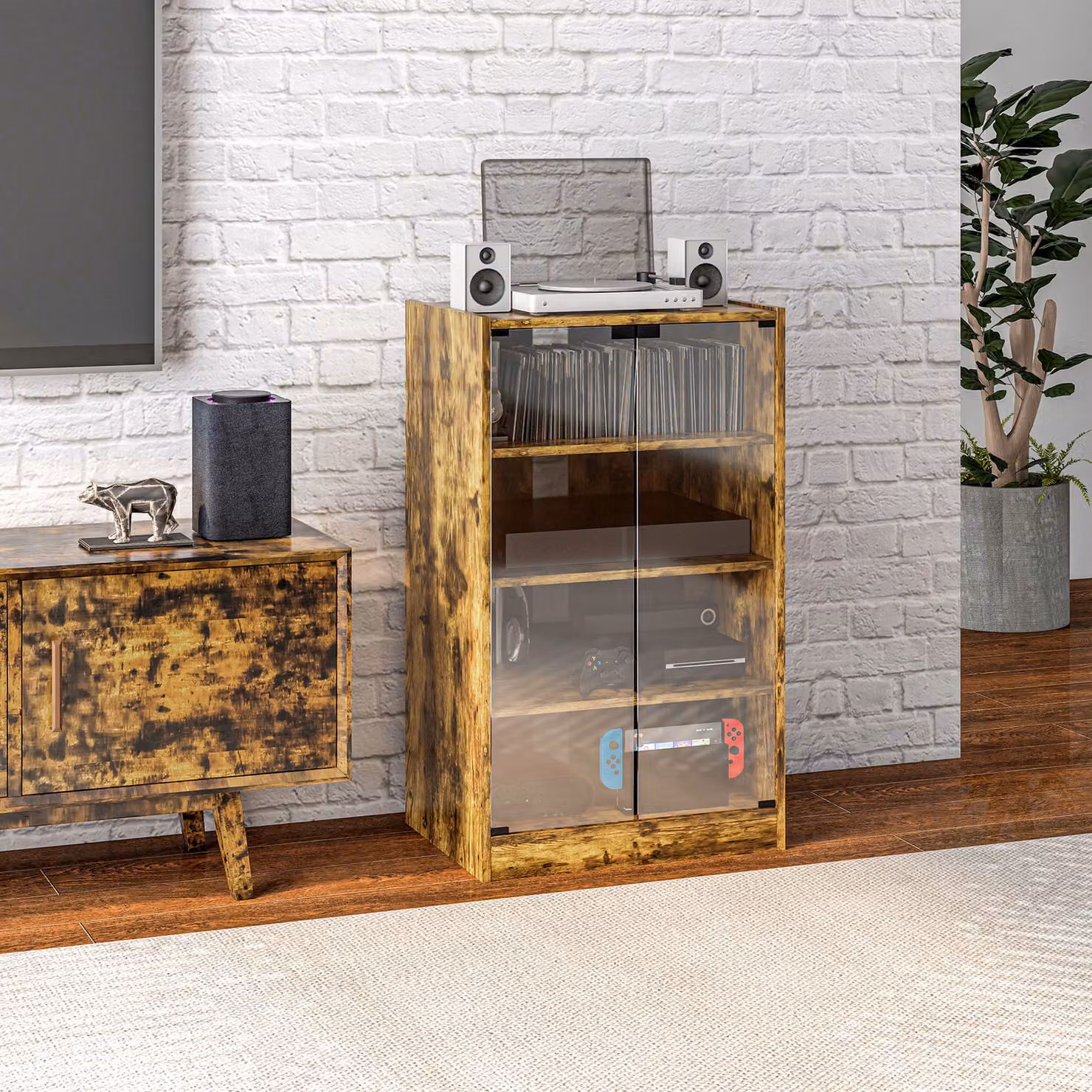 HOMCOM 4-Tier Hi-Fi Record Player Stand with Adjustable Internal Shelves and Push-to-Open Glass Doors, Rustic Brown – 2