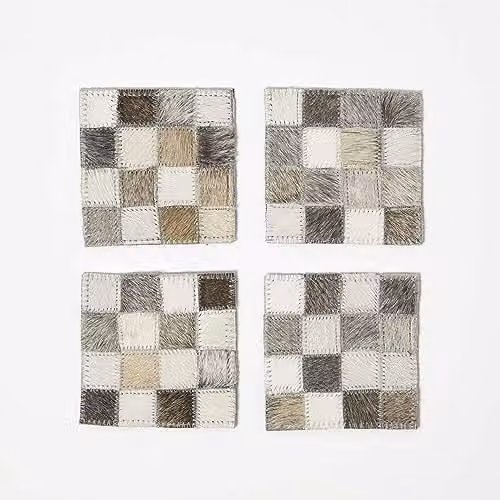 Homescapes Set of 4 Checked Leather Coasters in Grey and Beige, W/D: 10 x 10 cm