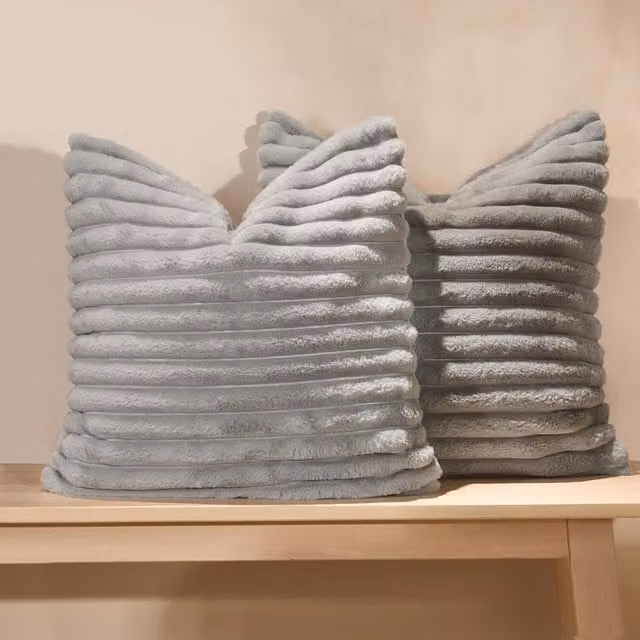 OHS Pack of 2 Grey Faux Fur Ribbed Square Filled Cushions with Removable Washable Covers