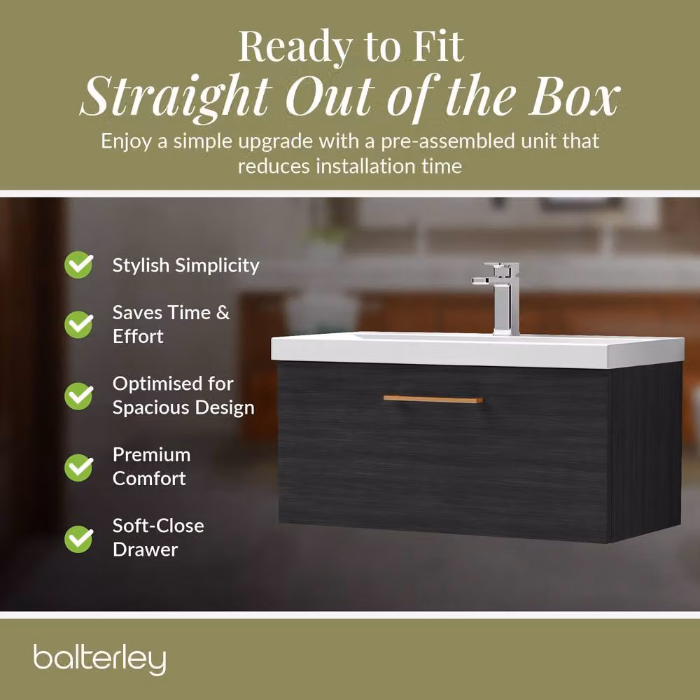 Balterley 800mm Wall Hung 1 Drawer Vanity Unit in Woodgrain Black with Black Copper Handle – 4