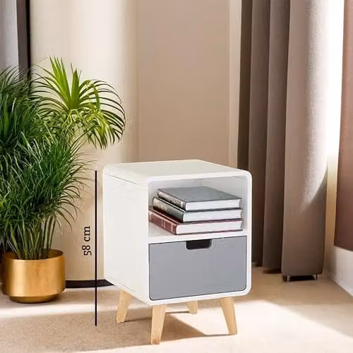 Orsina Modern 1 Drawer Cabinet in White and Grey with Pine Wood Legs – 3