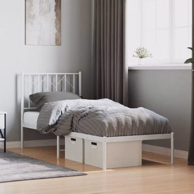 Berkfield Home Metal Bed Frame with Headboard in White, W/D/H: 75 x 190 cm