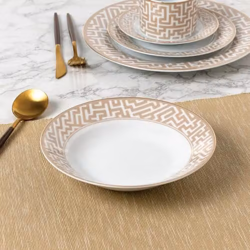Waterside 20-Piece Geometric Mosaic Porcelain Dinnerware Set in Beige and Gold – 4