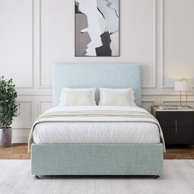 Bedmaster Upholstered Linen Divan Base with Storage Drawers and Plain Headboard in Blue, 75cm
