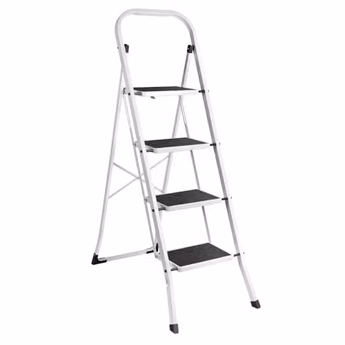 VonHaus 4-Step Steel Folding Step Ladder in White with 150kg Max Capacity – 1