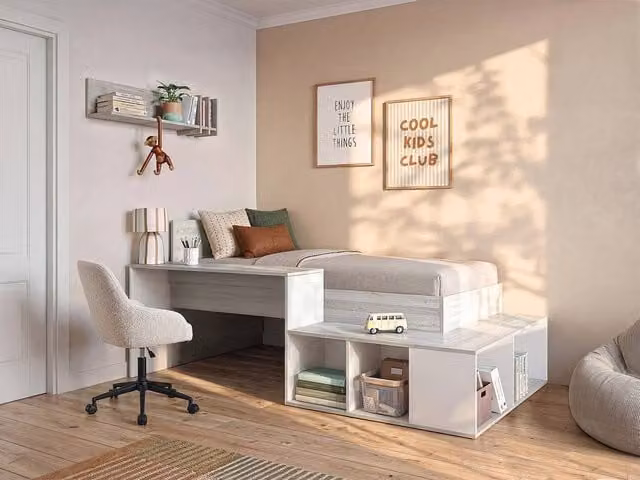 Vente-unique Single Combination Bed with Storage and Desk in White and Light Oak, W/D/H: 200 x 90 x 128.8 cm – 1