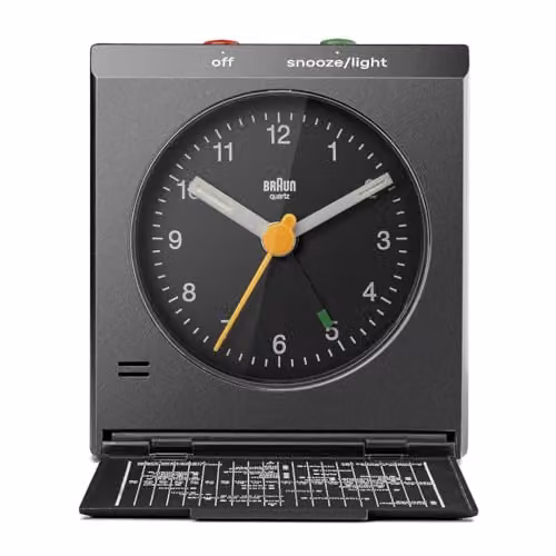 Braun Classic Analogue Travel Alarm Clock with Snooze and Light in Black, Model BC05B