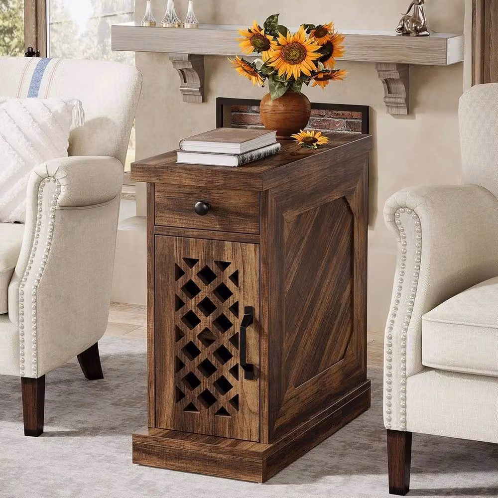 VOGREX Rustic Narrow Wood End Table with Drawer in Brown – 2
