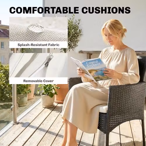 Outsunny 3 Piece Rattan Bistro Set with Upholstered Cushions and Glass-Top Coffee Table in Black and White – 4