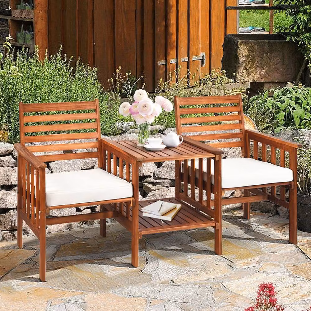 Gymax 3 Piece Acacia Wood Garden Furniture Set in Brown with Outdoor 2 Seater Sofa, Coffee Table and Upholstered Cushions – 7