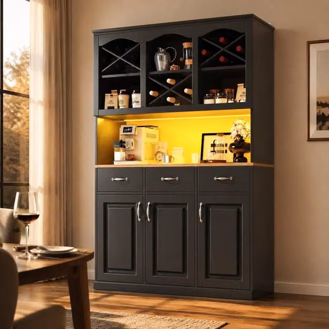 STILVORA Black Matt Tall Kitchen Cabinet with 3 Drawers, Hinged Doors and Integrated Lighting – 1