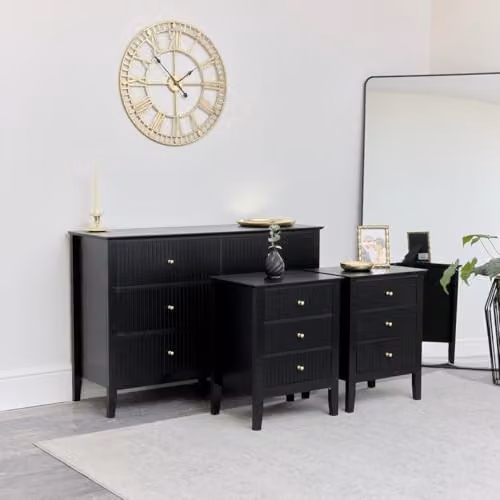 Melody Maison Hales Black Range Large Chest of Drawers and Pair of Bedside Tables in Black and Gold